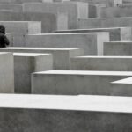 Berlin holocaust memorial on a grey rainy day