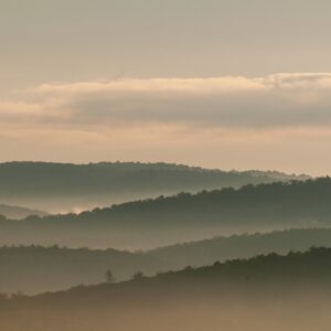 Foggy morning mountain valley in Algarve Portugal
