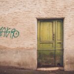 Green door and grafiti urban scene