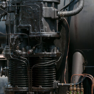Old steam locomotive engine close up