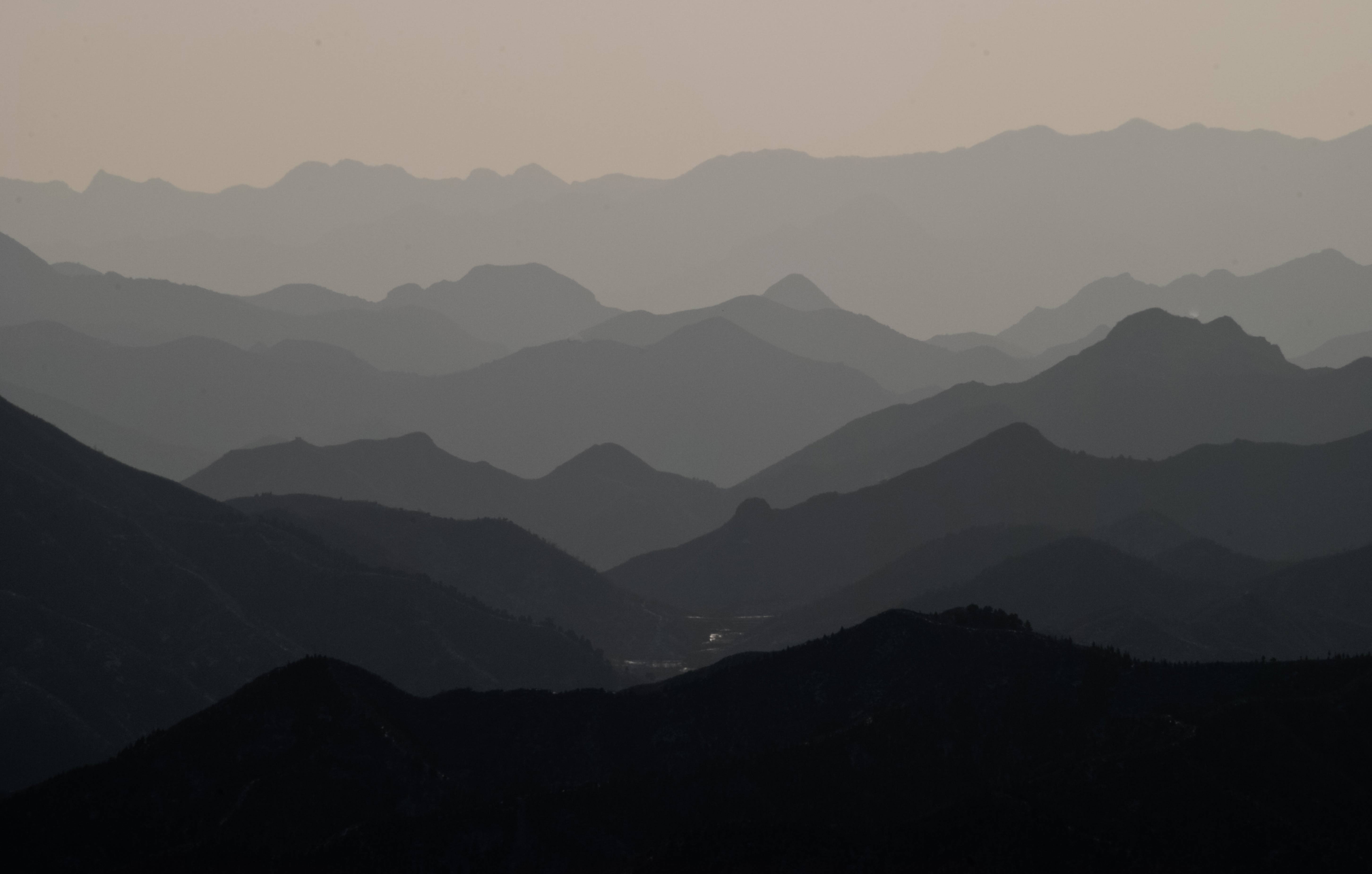 Simatai Mountains Landscape. Panoramic view as seen standing on the Chinese Wall